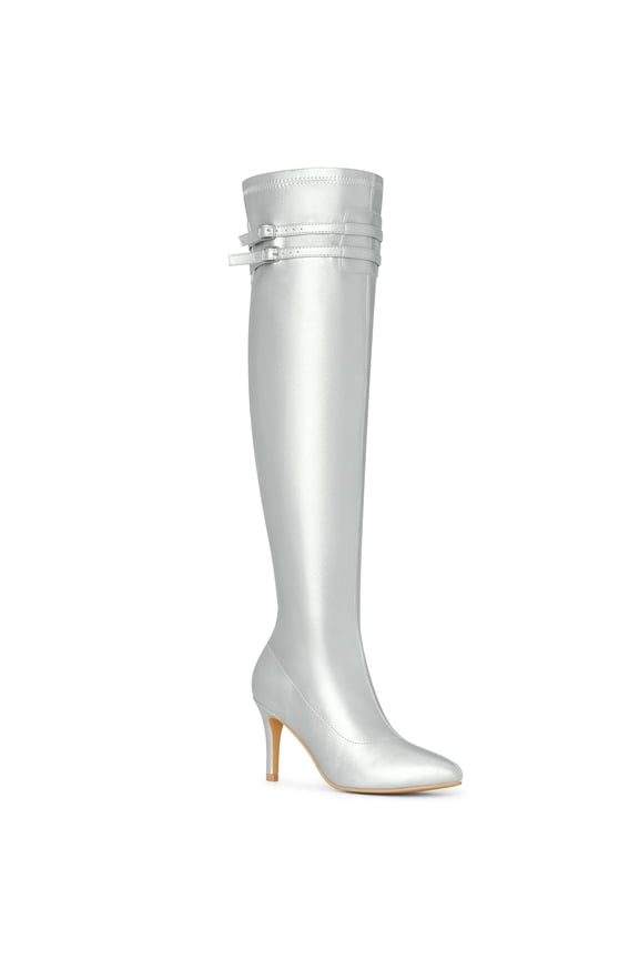 Women's Boots Thigh High Stiletto Heel Pointed Toe Buckle Zipper Boots Silver 7