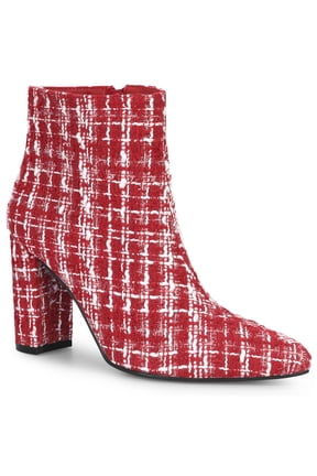 Pointed Toe Plaid Chunky Heel Ankle Boots for Women Red 7