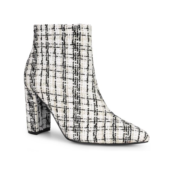 BLISSFUL STEP Pointed Toe Plaid Chunky Heel Ankle Boots for Women