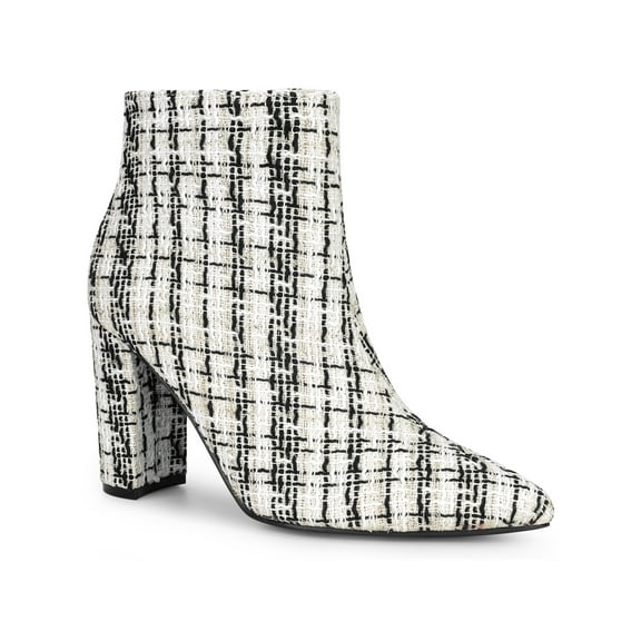BLISSFUL STEP Pointed Toe Plaid Chunky Heel Ankle Boots for Women