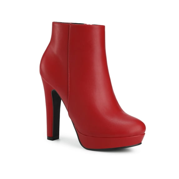 BLISSFUL STEP Round Toe Platform Chunky Heel Ankle Boots for Women Red 7