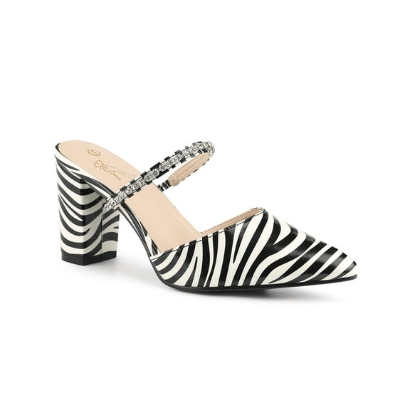 BLISSFUL STEP Pointed Toe Rhinestones Strap Block Heel Mules for Women Black White (Size 8)