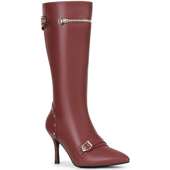 BLISSFUL STEP Women's Boots Knee High Stiletto Heel Pointed Toe Buckle Zipper Rivets Boots Burgundy 11