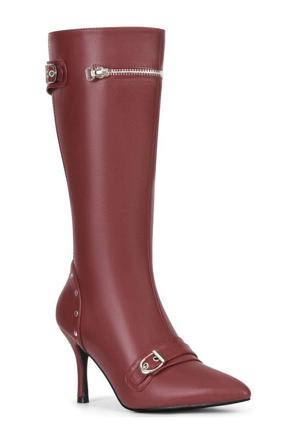Women's Boots Knee High Stiletto Heel Pointed Toe Buckle Zipper Rivets Boots Burgundy 7