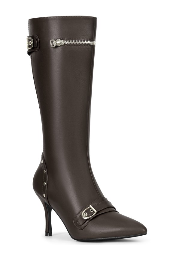 Women's Boots Knee High Stiletto Heel Pointed Toe Buckle Zipper Rivets Boots Coffee 6