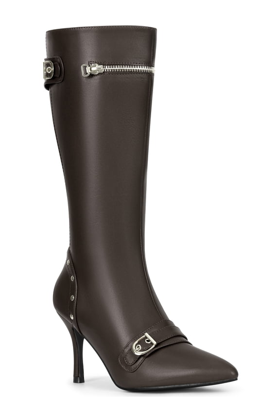 Women's Boots Knee High Stiletto Heel Pointed Toe Buckle Zipper Rivets Boots Coffee 7