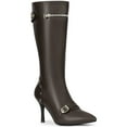 thumbnail image 1 of BLISSFUL STEP Women's Boots Knee High Stiletto Heel Pointed Toe Buckle Zipper Rivets Boots Coffee 8, 1 of 6