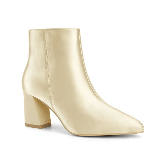 BLISSFUL STEP Pointed Toe Satin Chunky Heel Ankle Boots for Women Champagne (Size 8)