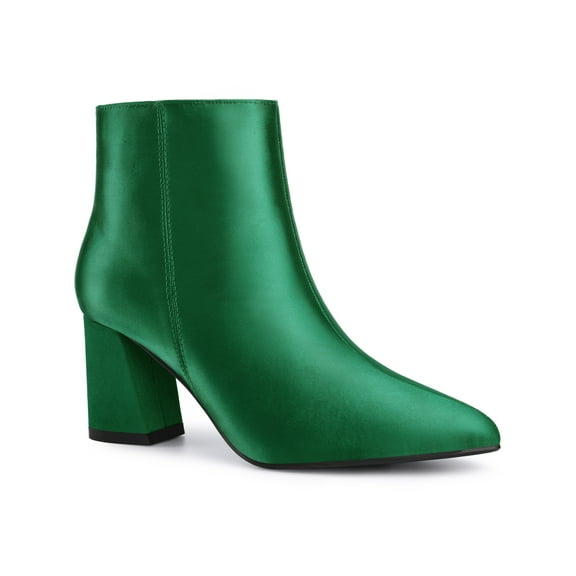 BLISSFUL STEP Pointed Toe Satin Chunky Heel Ankle Boots for Women Dark Green (Size 8)