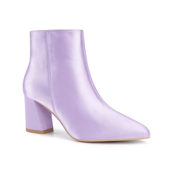 BLISSFUL STEP Pointed Toe Satin Chunky Heel Ankle Boots for Women Purple (Size 6.5)