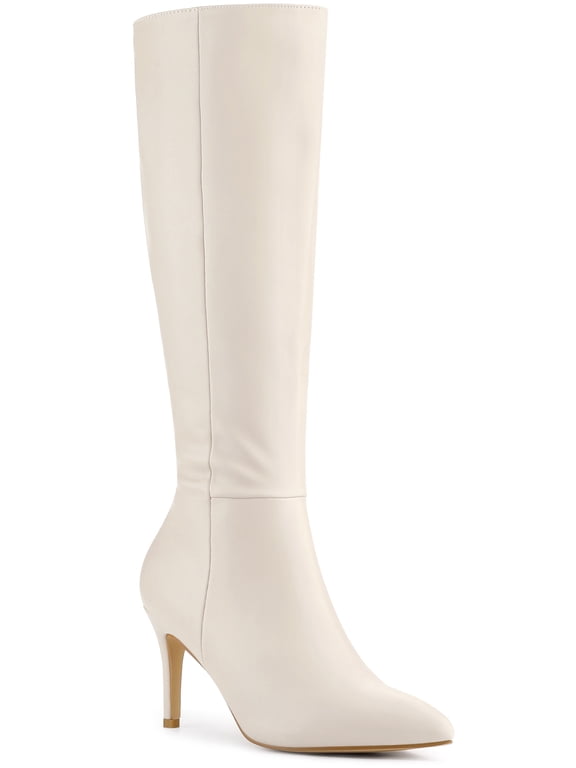 Halloween Women's Boots Knee High Slim Calf Pointed Toe Stiletto Heel Cream 8
