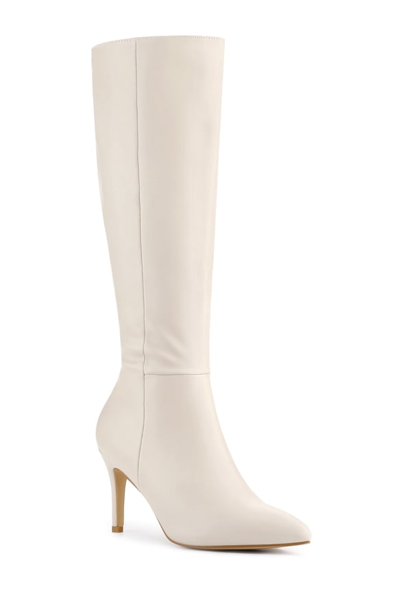 Women's Boots Knee High Slim Calf Pointed Toe Stiletto Heel Cream 8