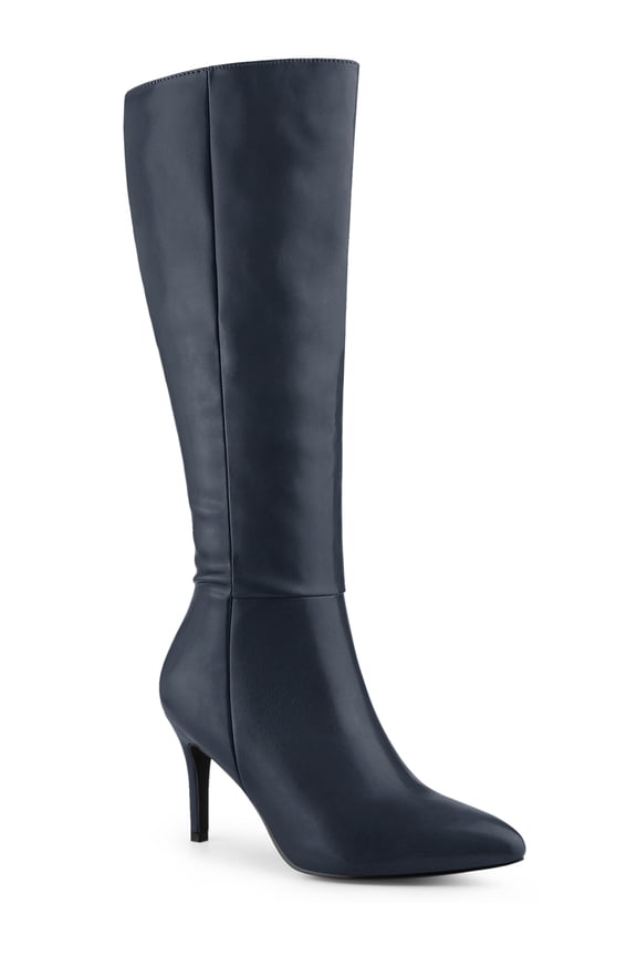 Women's Boots Knee High Slim Calf Pointed Toe Stiletto Heel Navy Blue 6