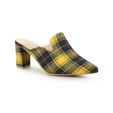Perphy Pointed Toe Slip on Block Heels Houndstooth Slide Mules for Women
