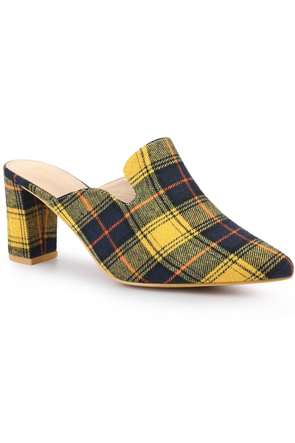 Women's Plaid Pointed Toe Block Heel Slide Mules Yellow 8