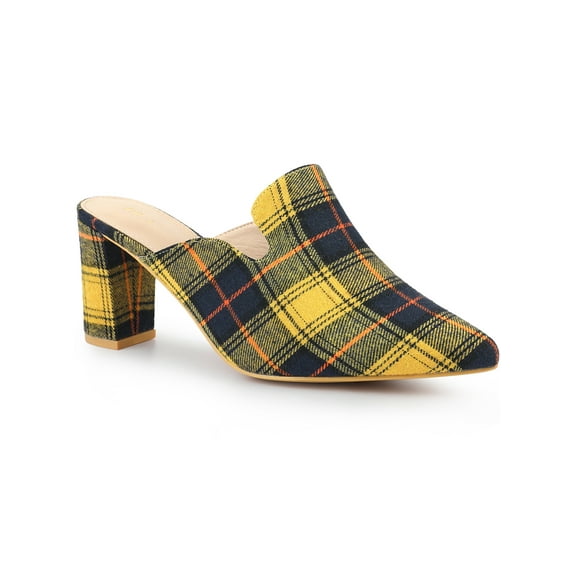 BLISSFUL STEP Women's Plaid Pointed Toe Block Heel Slide Mules Yellow 8