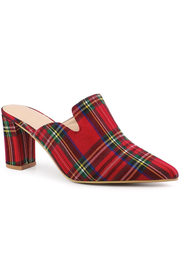Women's Plaid Pointed Toe Block Heel Slide Mules Red Green 9