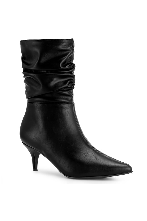 Women's Boots Faux Leather Mid Calf Slouch Pointed Toe Kitten Heel Zip Up Boots Black 8.5