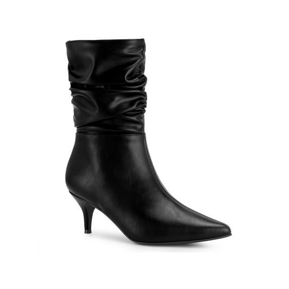 BLISSFUL STEP Women's Boots Faux Leather Mid Calf Slouch Pointed Toe Kitten Heel Zip Up Boots Black 6.5