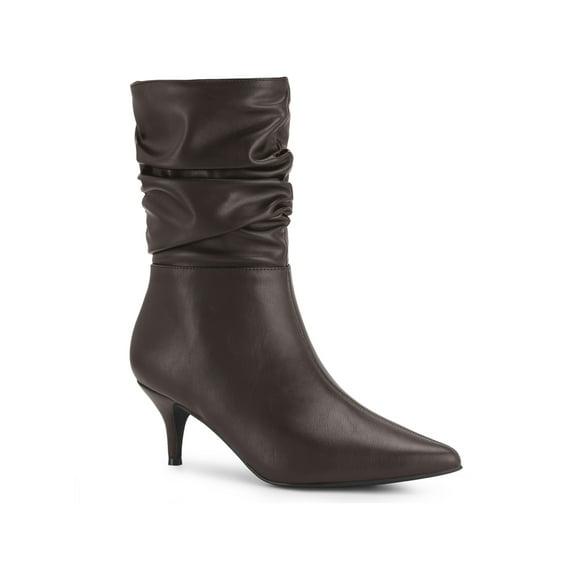 BLISSFUL STEP Women's Boots Faux Leather Mid Calf Slouch Pointed Toe Kitten Heel Zip Up Boots Dark Brown 8