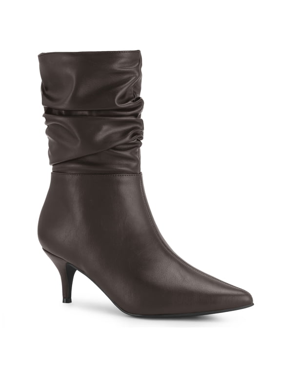 Women's Boots Faux Leather Mid Calf Slouch Pointed Toe Kitten Heel Zip Up Boots Dark Brown 8