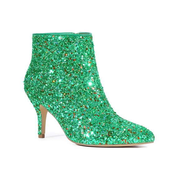 BLISSFUL STEP Pointed Toe Stiletto Heel Glitter Ankle Boots for Women Shamrock Green 5.5