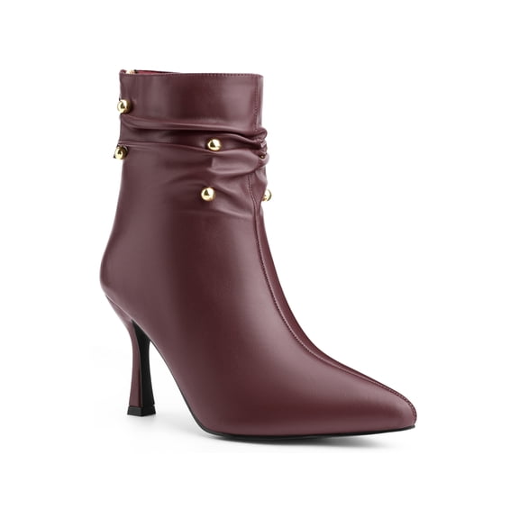 BLISSFUL STEP Women's Ankle Boots Stiletto Heel Pointed Toe Rivet Decor Back Zip Boots Burgundy 7