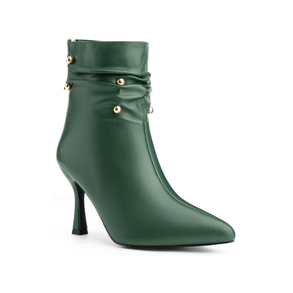 BLISSFUL STEP Women's Ankle Boots Stiletto Heel Pointed Toe Rivet Decor Back Zip Boots Dark Green 7