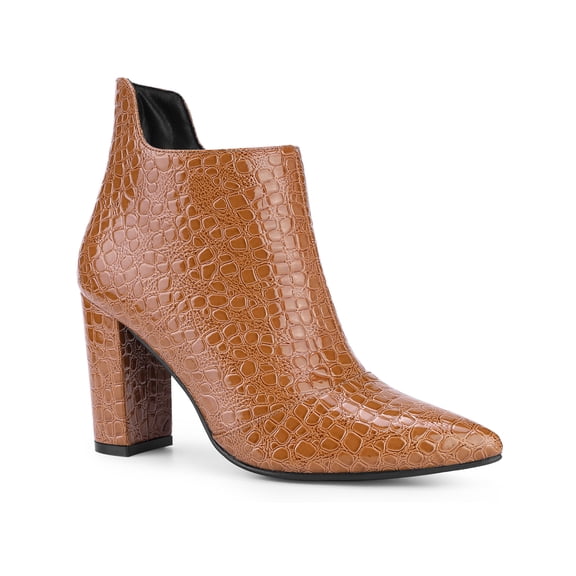 BLISSFUL STEP Pointed Toe Stone Pattern Cutout Chunky Heels Ankle Booties for Women Brown 11