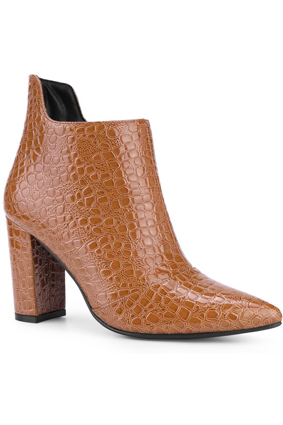 Pointed Toe Stone Pattern Cutout Chunky Heels Ankle Booties for Women Brown 8