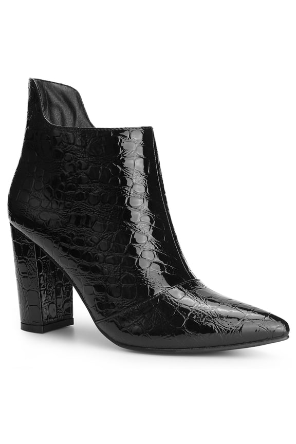 Pointed Toe Stone Pattern Cutout Chunky Heels Ankle Booties for Women Black 6