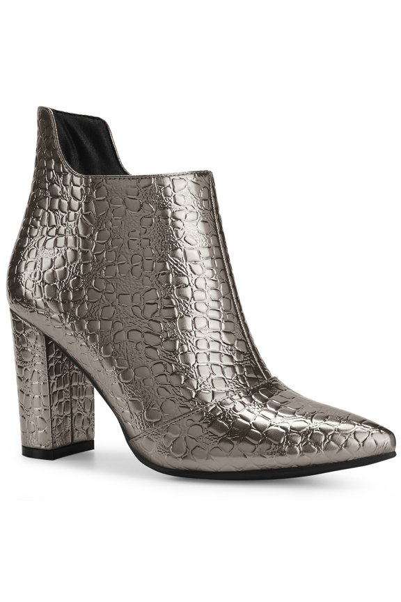 Pointed Toe Stone Pattern Cutout Chunky Heels Ankle Booties for Women Gunmetal 9