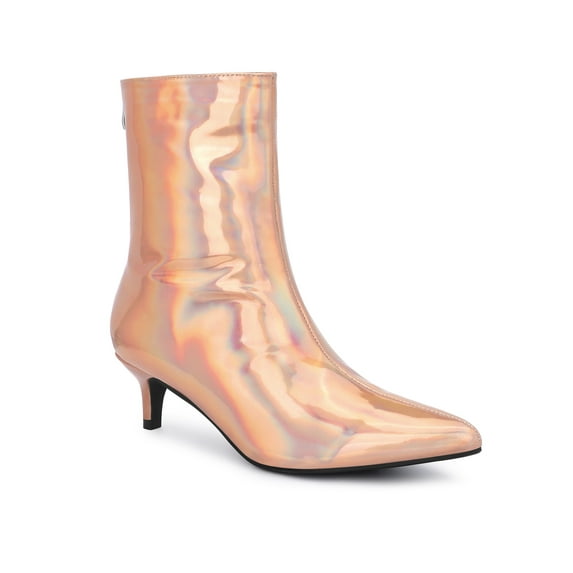 BLISSFUL STEP Pointed Toe Zipper Kitten Heels Ankle Boots for Women