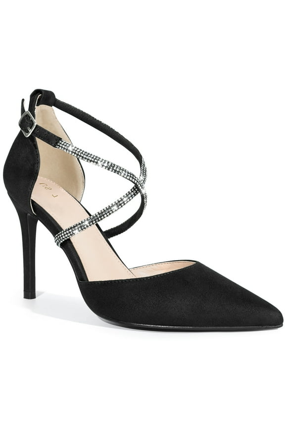 Pointy Toe Crisscross Rhinestone Ankle Strap Stiletto Heel Pumps for Women Black 6