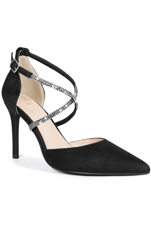 Pointy Toe Crisscross Rhinestone Ankle Strap Stiletto Heel Pumps for Women Black 7.5