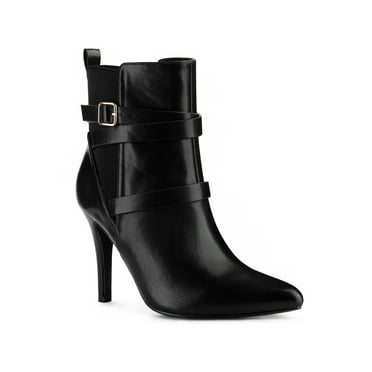 Perphy Pointy Toe Elastic Cross Straps Stiletto Heel Ankle Boots for Women Black 6