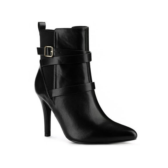 BLISSFUL STEP Women's Ankle Boost Faux Leather Pointed Toe Stiletto Heel Cross Strap Boots Black 6