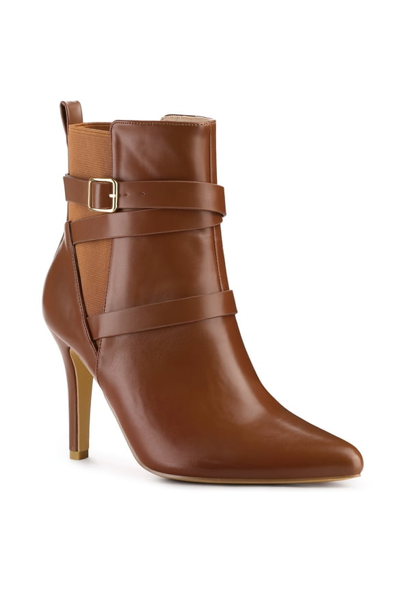 Women's Ankle Boost Faux Leather Pointed Toe Stiletto Heel Cross Strap Boots Brown 7