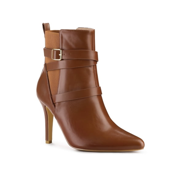 BLISSFUL STEP Women's Ankle Boost Faux Leather Pointed Toe Stiletto Heel Cross Strap Boots Brown 9