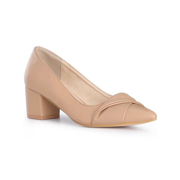 BLISSFUL STEP Pointy Toe Slip on Chunky Heel Pumps for Women Nude (Size 9)