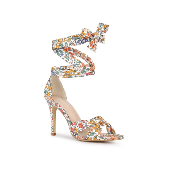 BLISSFUL STEP Printed Lace Up Stiletto Heels Sandals for Women Pink 10