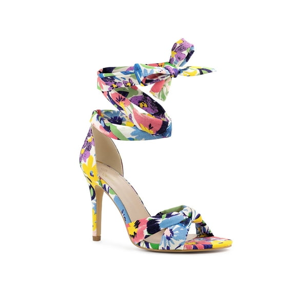 BLISSFUL STEP Printed Lace Up Stiletto Heels Sandals for Women Blue White 7