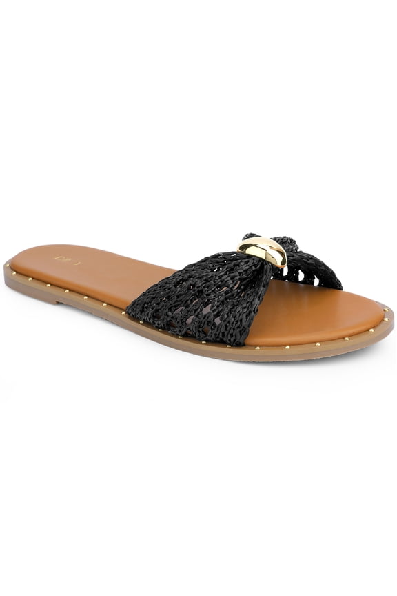 Raffia Knot Slip On Slides Flats Sandals for Women Black (Size 7.5)
