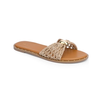 BLISSFUL STEP Raffia Knot Slip On Slides Flats Sandals for Women Khaki (Size 7)