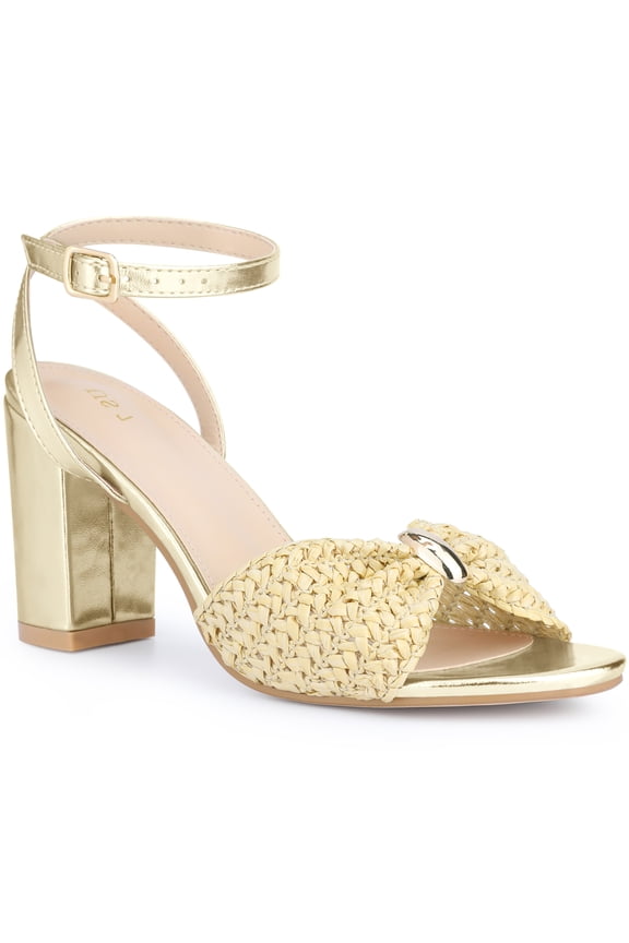 Raffia Open Toe High Heels Sandal Ankle Strap Block Heel Sandals for Women Beige (Size 6.5)