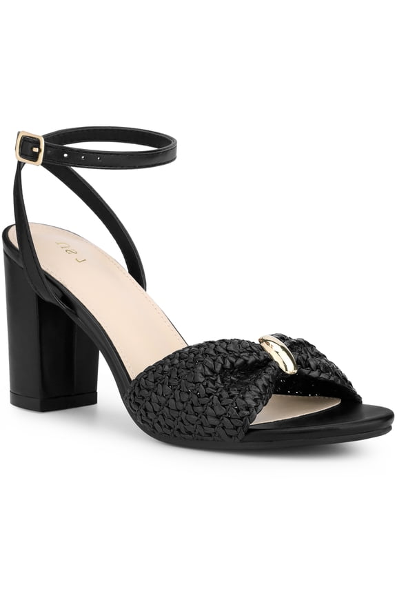 Raffia Open Toe High Heels Sandal Ankle Strap Block Heel Sandals for Women Black (Size 7)