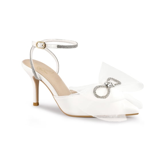 BLISSFUL STEP Rhinestone Mesh Bow Slingback Stiletto Heel Pumps for Women White 9