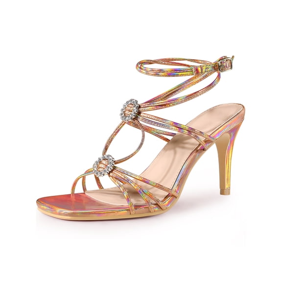 BLISSFUL STEP Rhinestone Square Toe Ankle Strap Stiletto Heel Sandals for Women Rose Gold (Size 9)