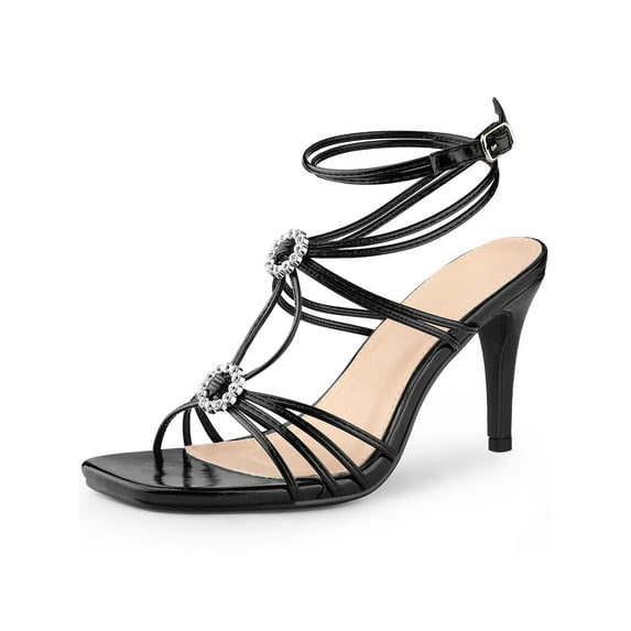 BLISSFUL STEP Rhines Square Toe Ankle Strap Stiletto Heel Sandals for Women Black 9