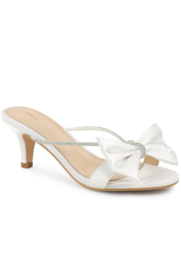 Women's Strappy Bow Rhines Kitten Heels Slide Sandals White 6